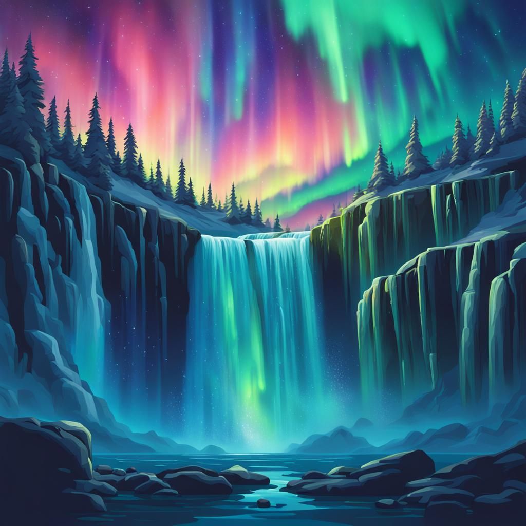 Aurora Borealis Over Fantasy Waterfall