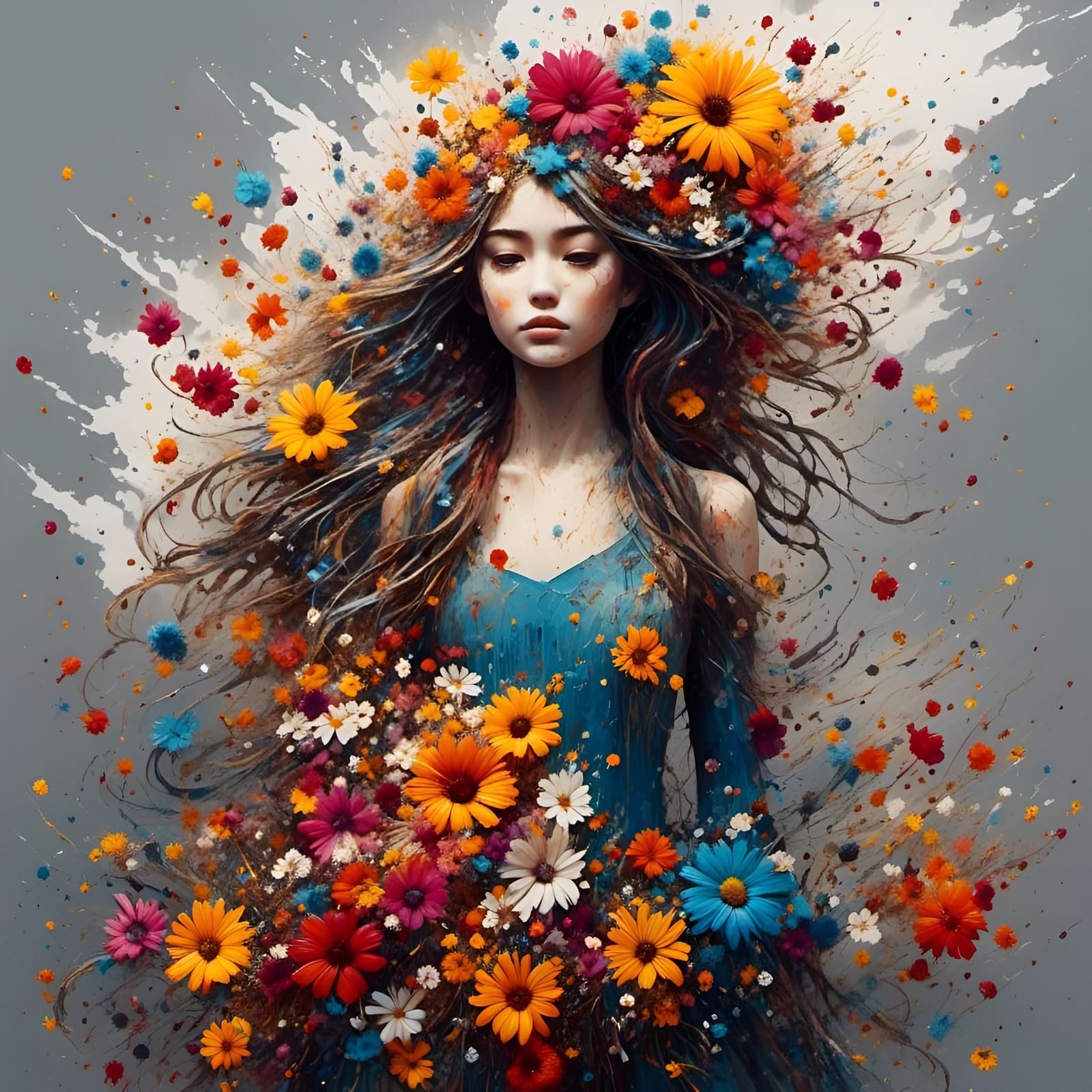 A bohemian girl wearing a dress made of tiny freshly cut exploding flowers <lora:Little flowers:1.0>