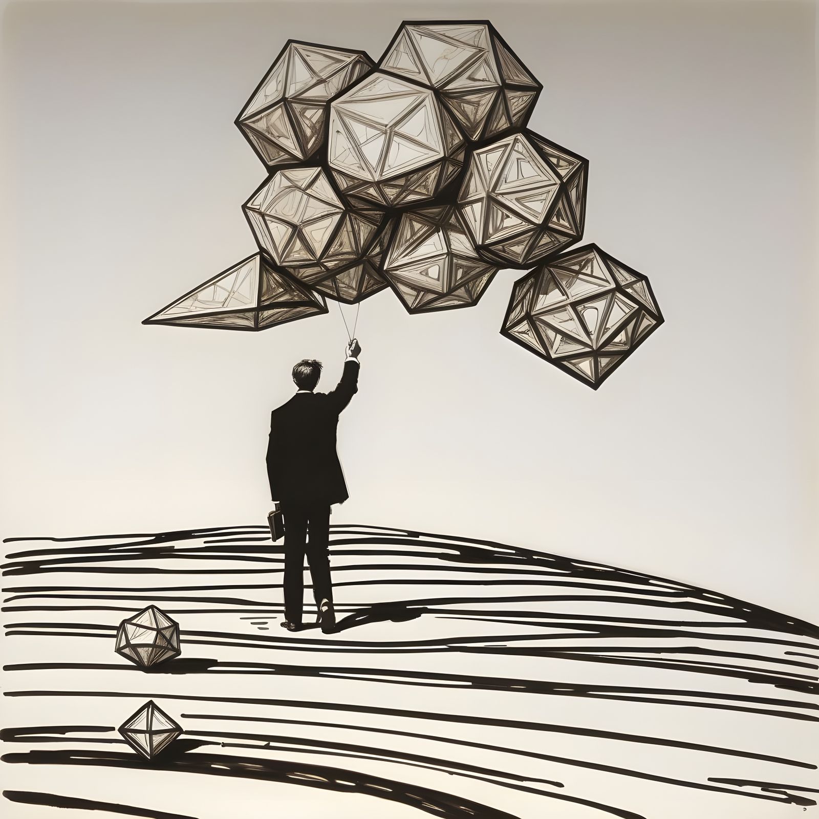 Man with Sculpture: Sepia Pen and Ink Rendering