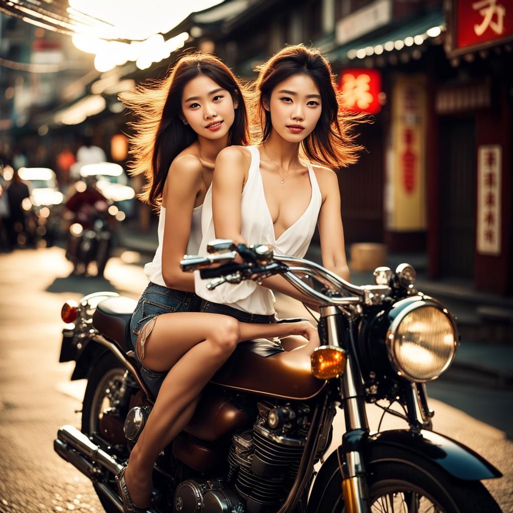 Japanese Models on Motorcycle in Chinatown: Street Photograp...
