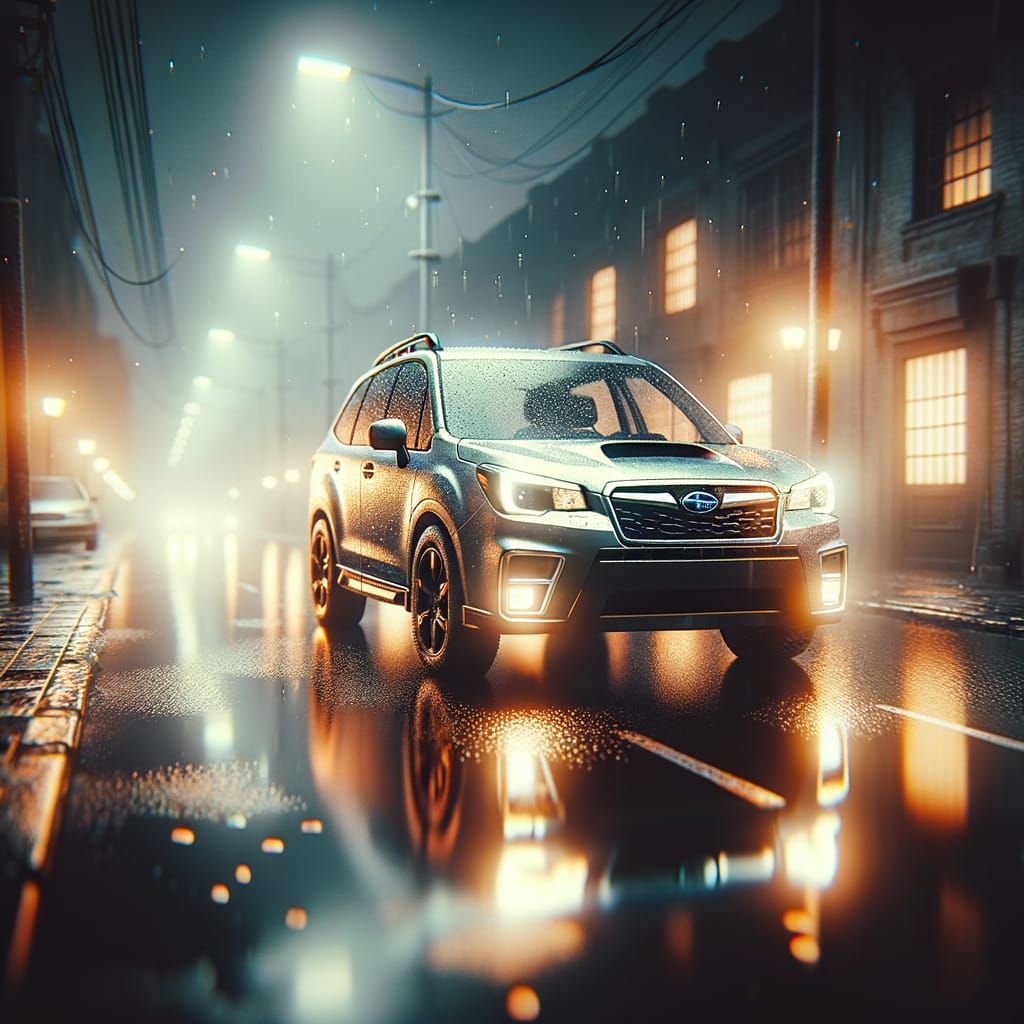 Subaru Forester in Rainy Urban Night Cinematic Wallpaper