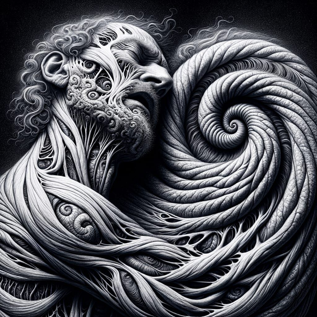 Merging Human Forms in Haunting Etching Style