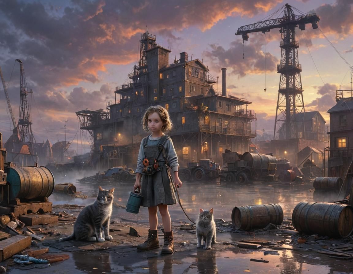 Dieselpunk Port Scene with Child and Cat