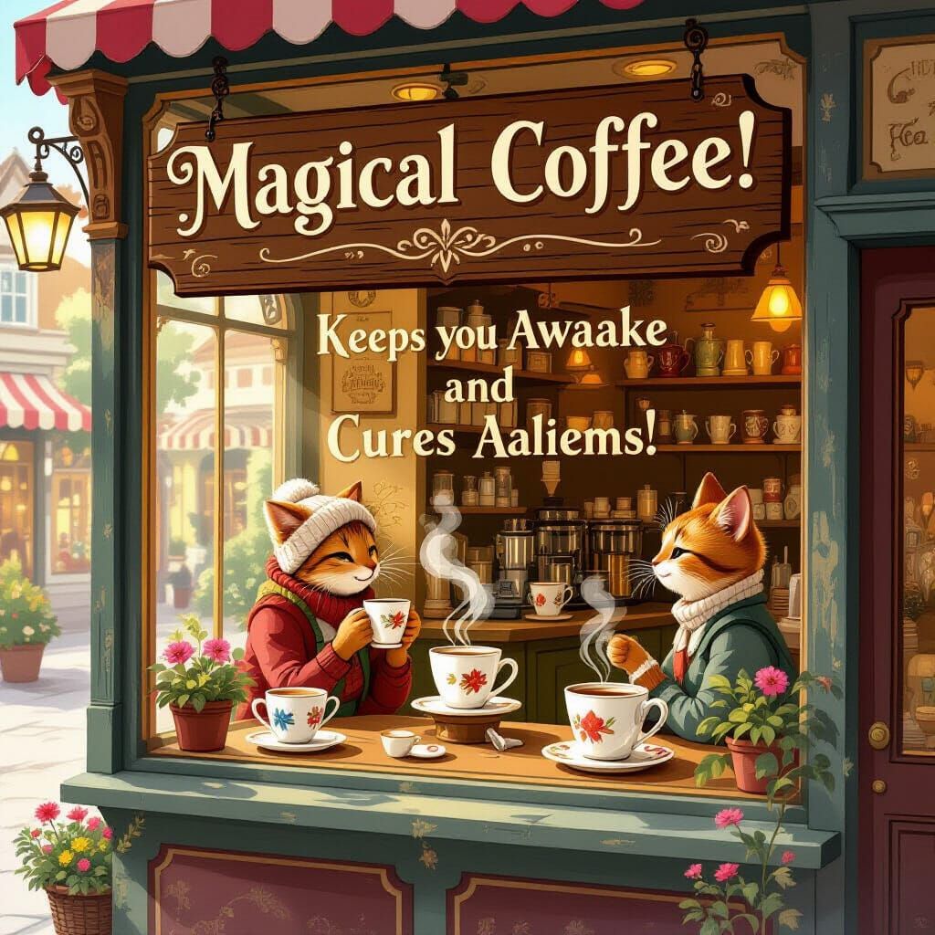 Whimsical Coffee Shop with Magical Brew Sign