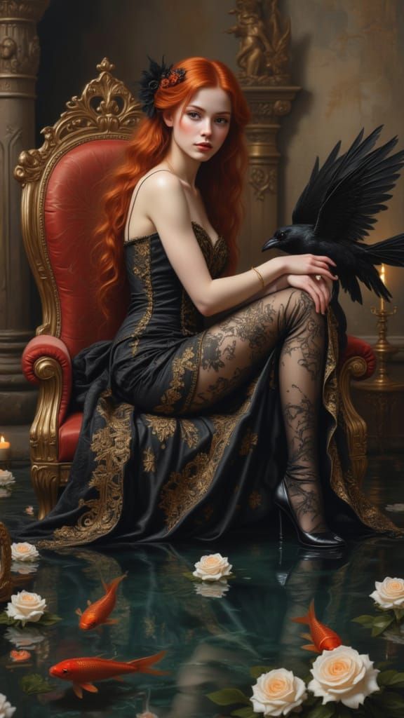Woman on Floating Chaise Lounge in Gothic Style