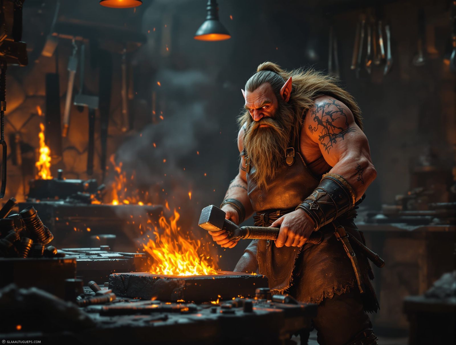 Fantasy Dwarf Forging Sword in Dramatic Forge Light