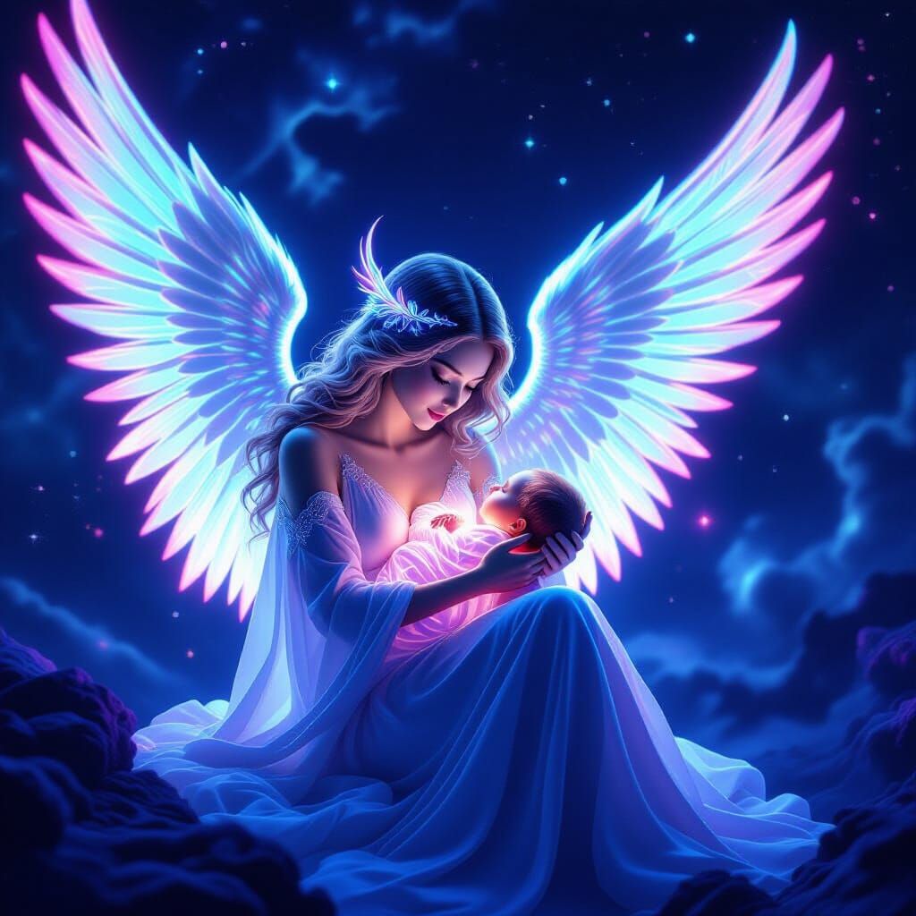 Neon Angel Holding Luminous Infant in Cosmic Style