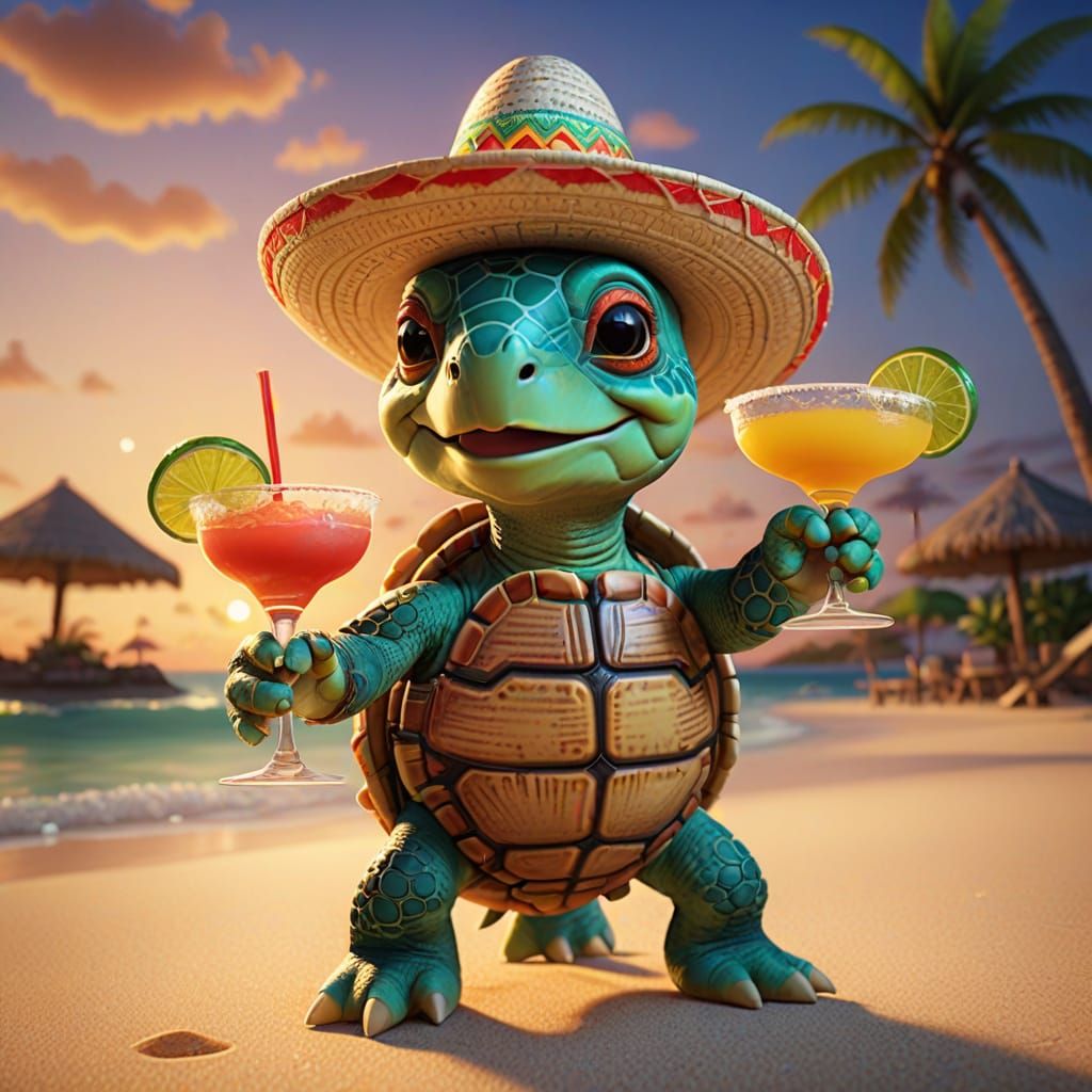 Cartoon Turtle with Sombrero on Tropical Beach