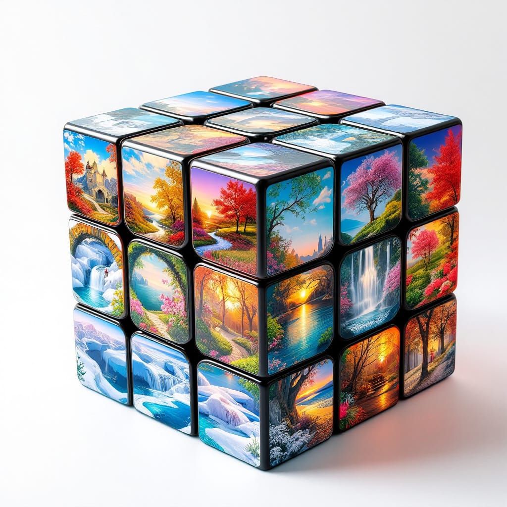 Surreal Seasonal Rubik's Cube in Digital Art Style