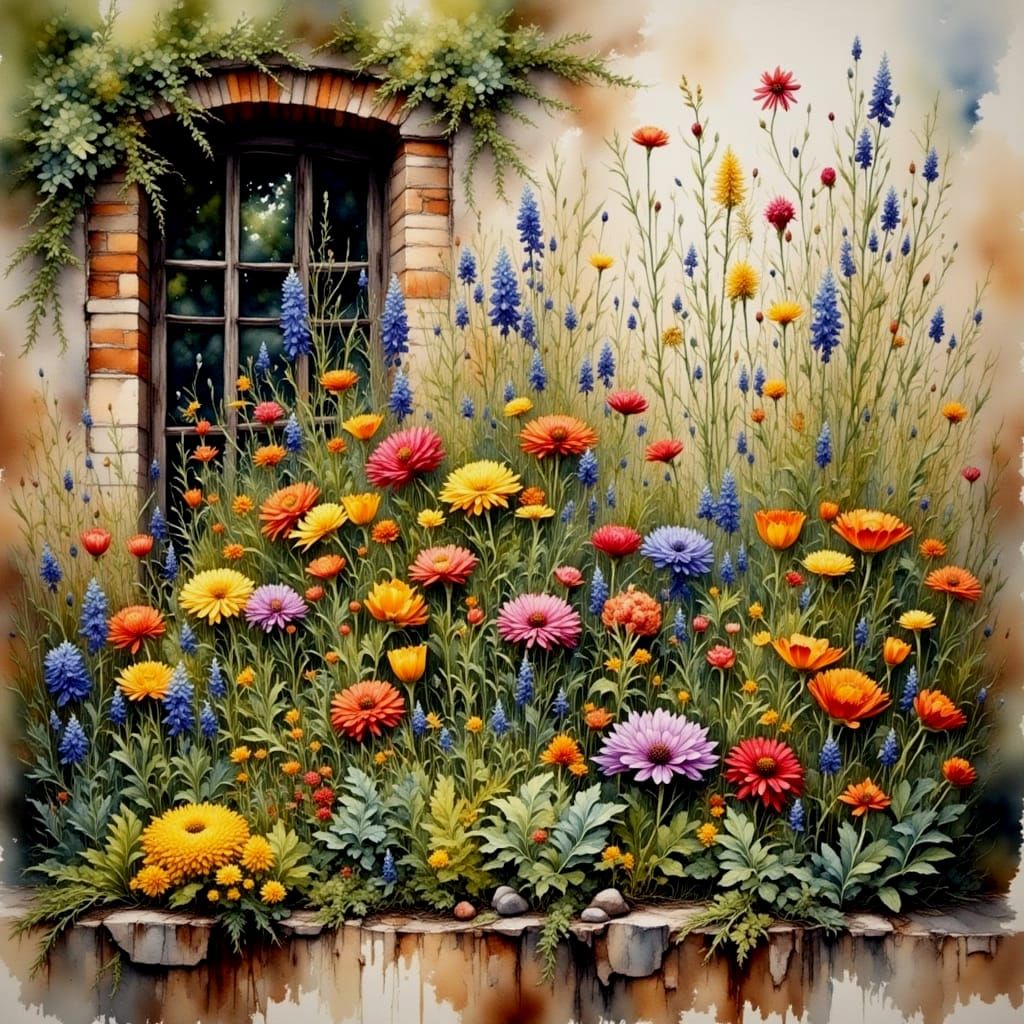 Wildflowers Bloom Beside Weathered Stone Wall in Watercolor ...