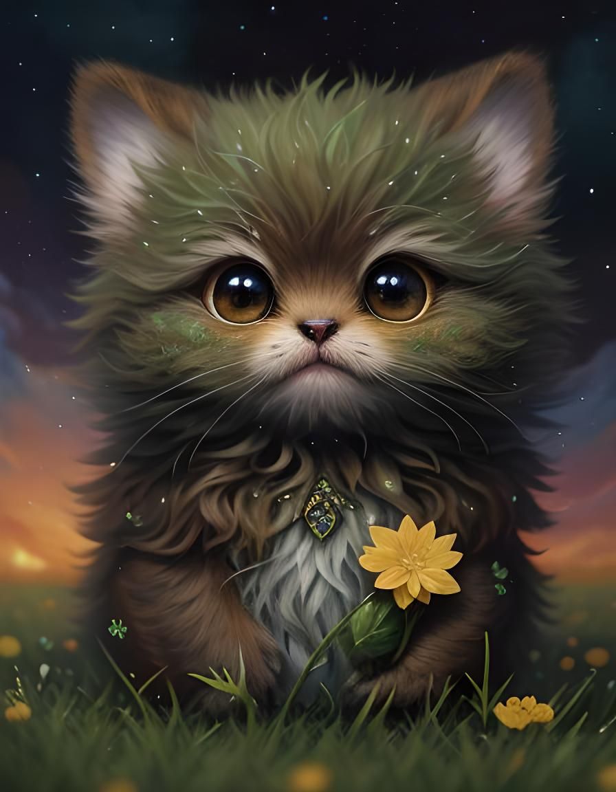 Cute Fluffy Creature in Flower Rain, Oil Painting