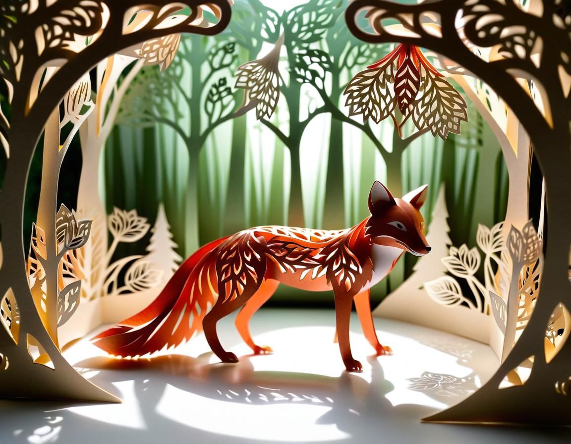 Intricate Kirigami Fox in Paper-Cut Forest