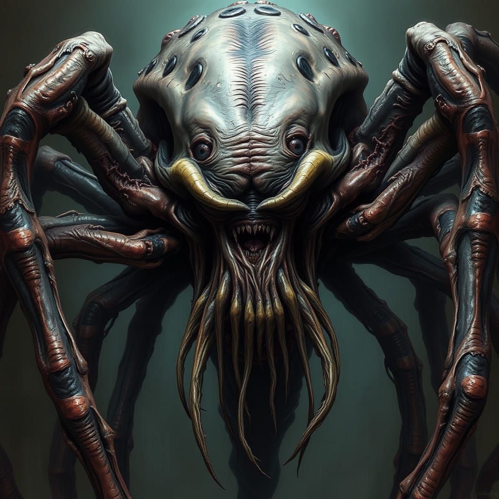 Twisted Eldritch Horror Alien Facehugger in Dark, Muted Colo...