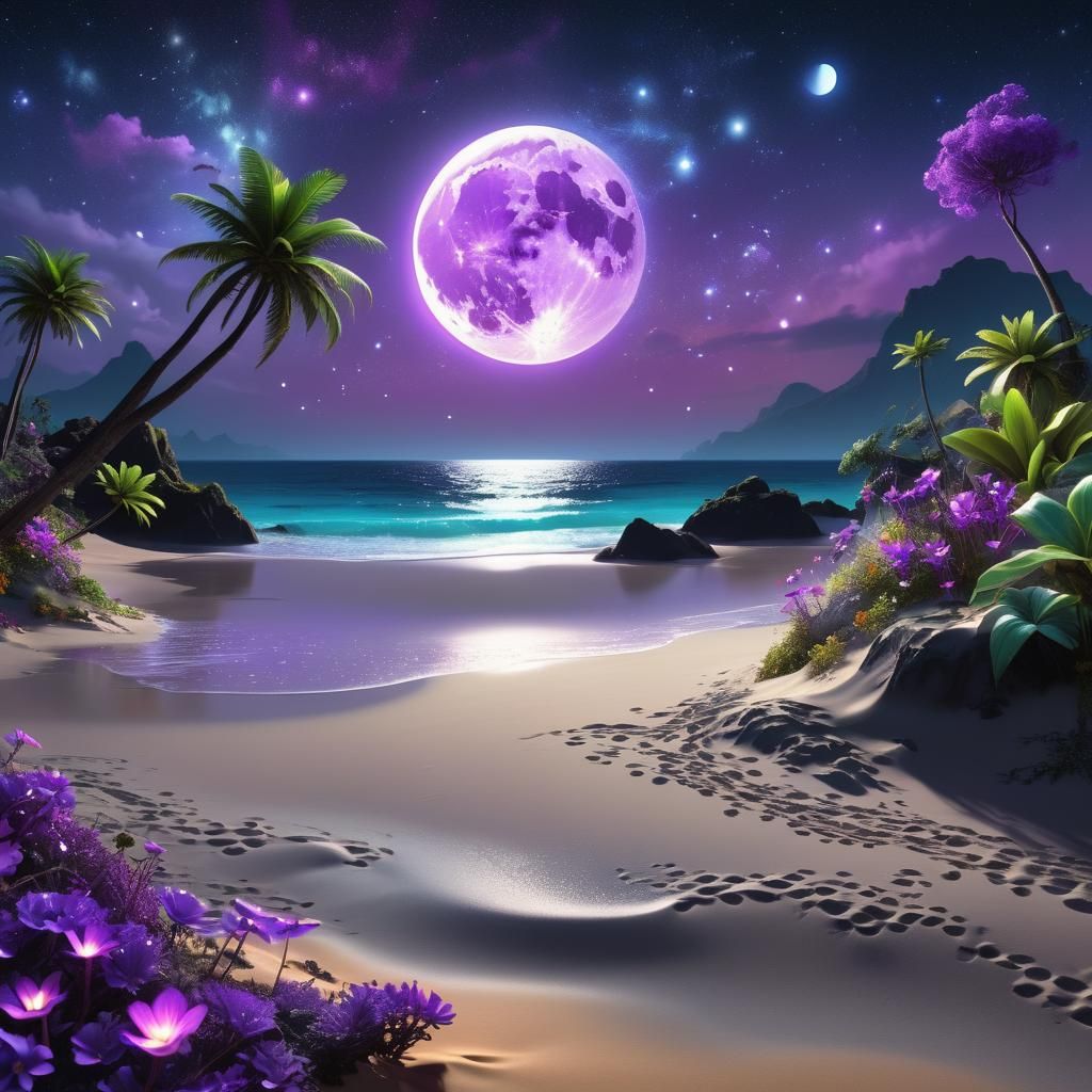 Exotic Paradise Beach with Bioluminescent Plants