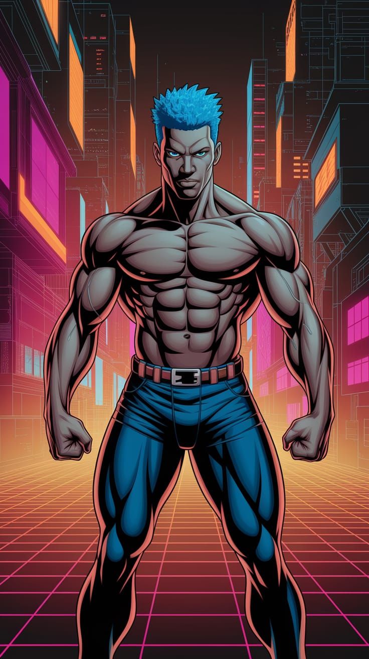 Cyberpunk Demon Slayer Hero with Blue Hair and Neon City