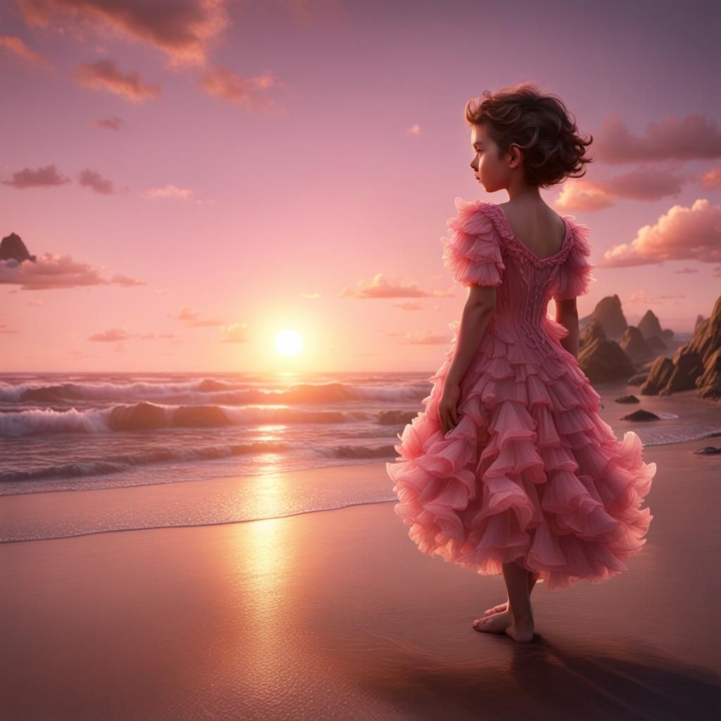 Boy in Pink Dress on Beach at Sunset