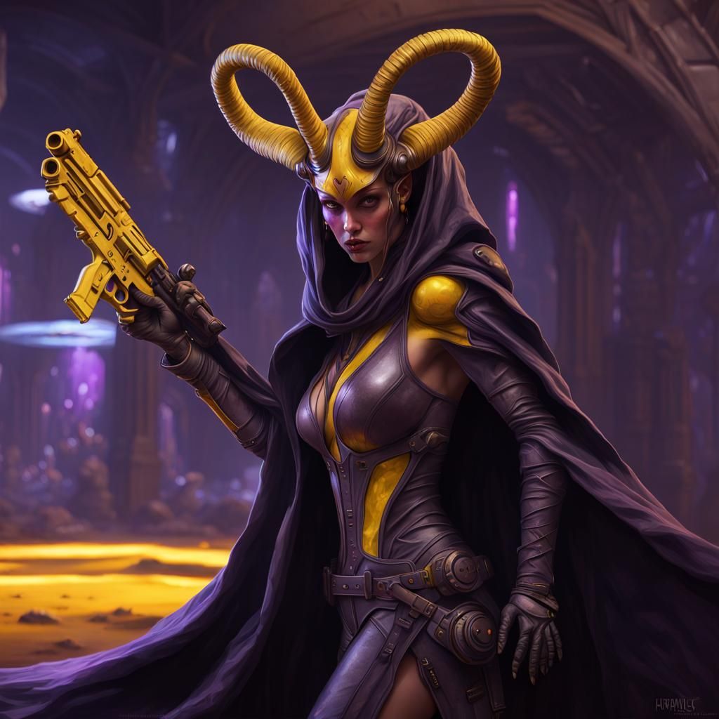 Sci-Fi Alien Woman with Gun in Dark Fantasy Style