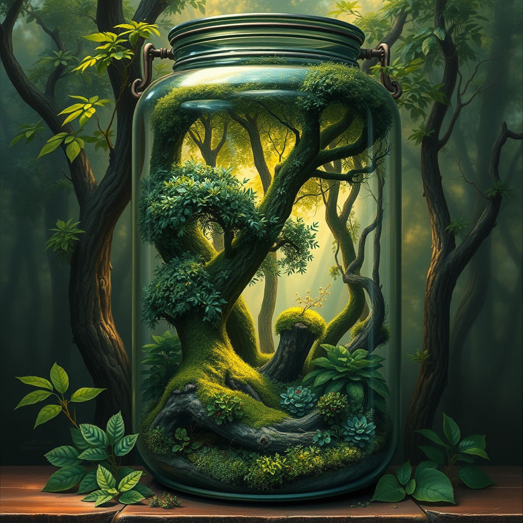 Lush Forest Thriving Inside Ornate Glass Jar