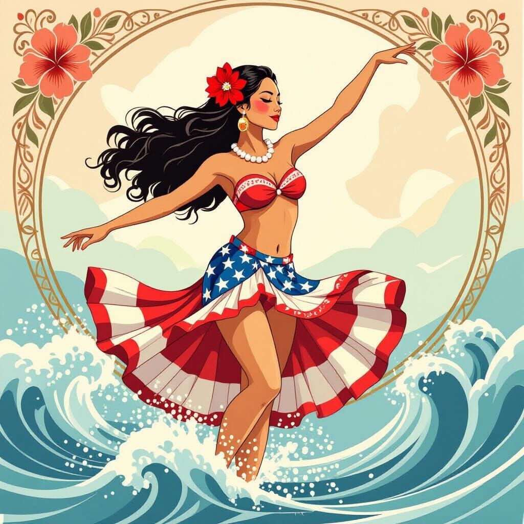 Patriotic Hula Dancer on Waves: Digital Art