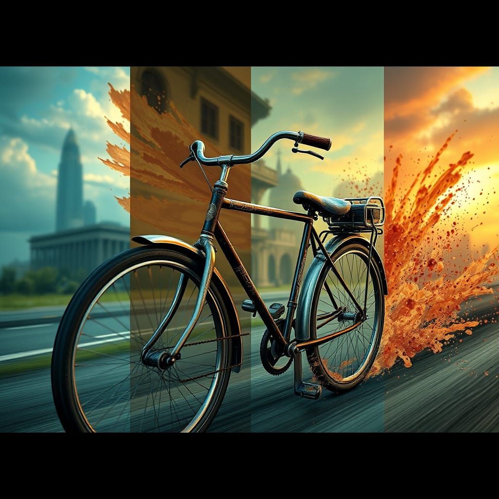 A Time-Traveling Bicycle Rides Through Eras in Vibrant Fanta...