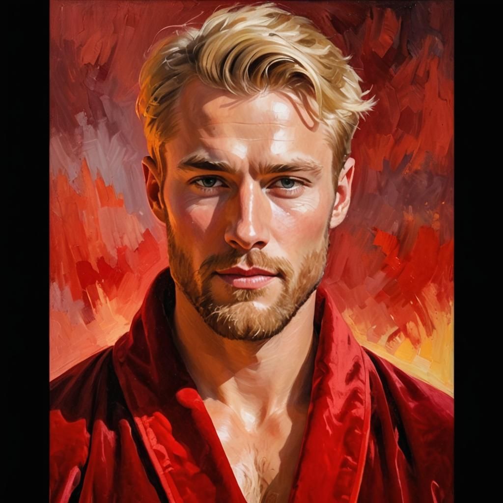 Nordic Man in Red Velvet Robe: Impasto Painting