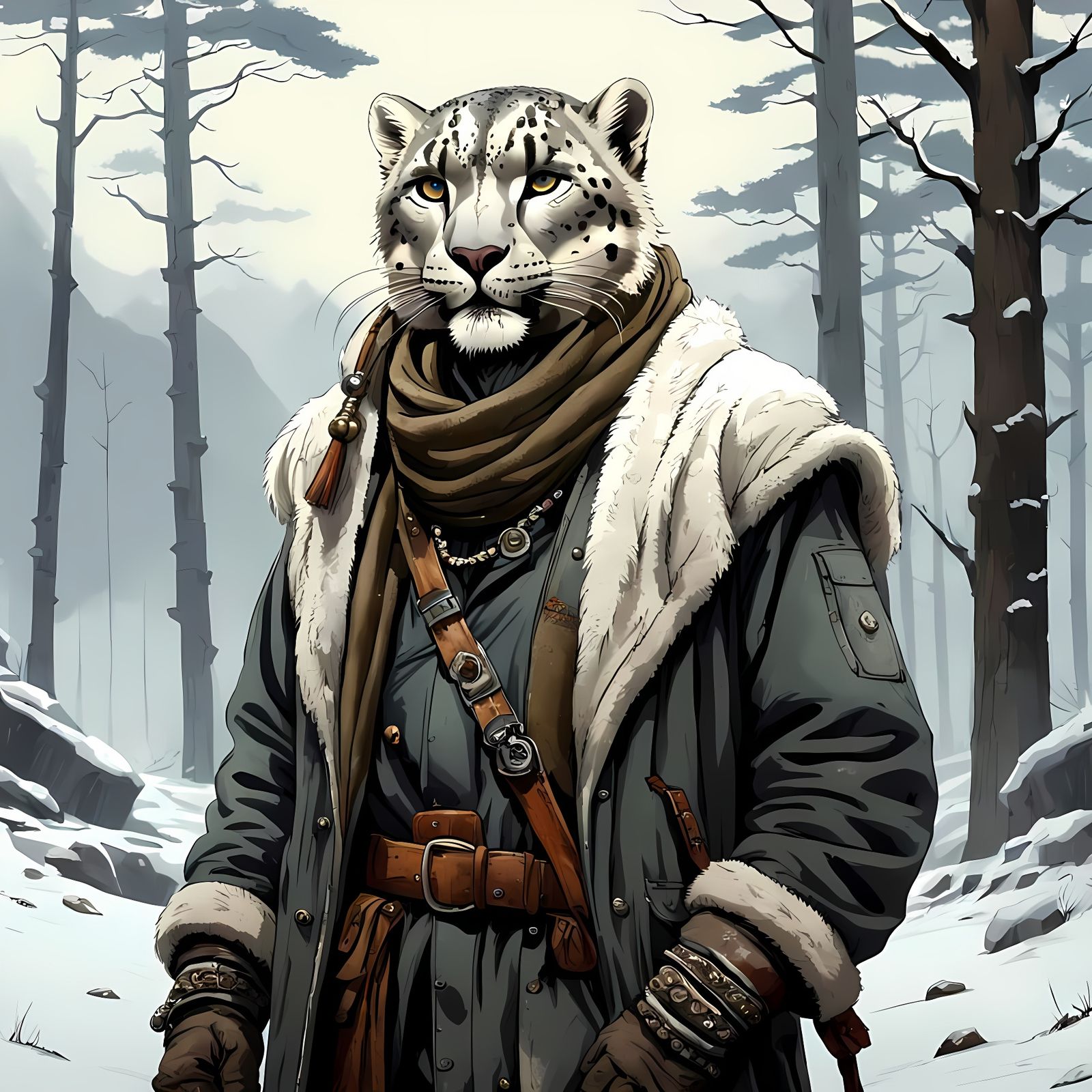 Medieval Snow Leopard Hunter in Warm Practical Clothing