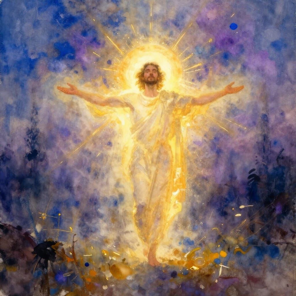 Divine Light Guides Through Misty Landscape in Watercolor