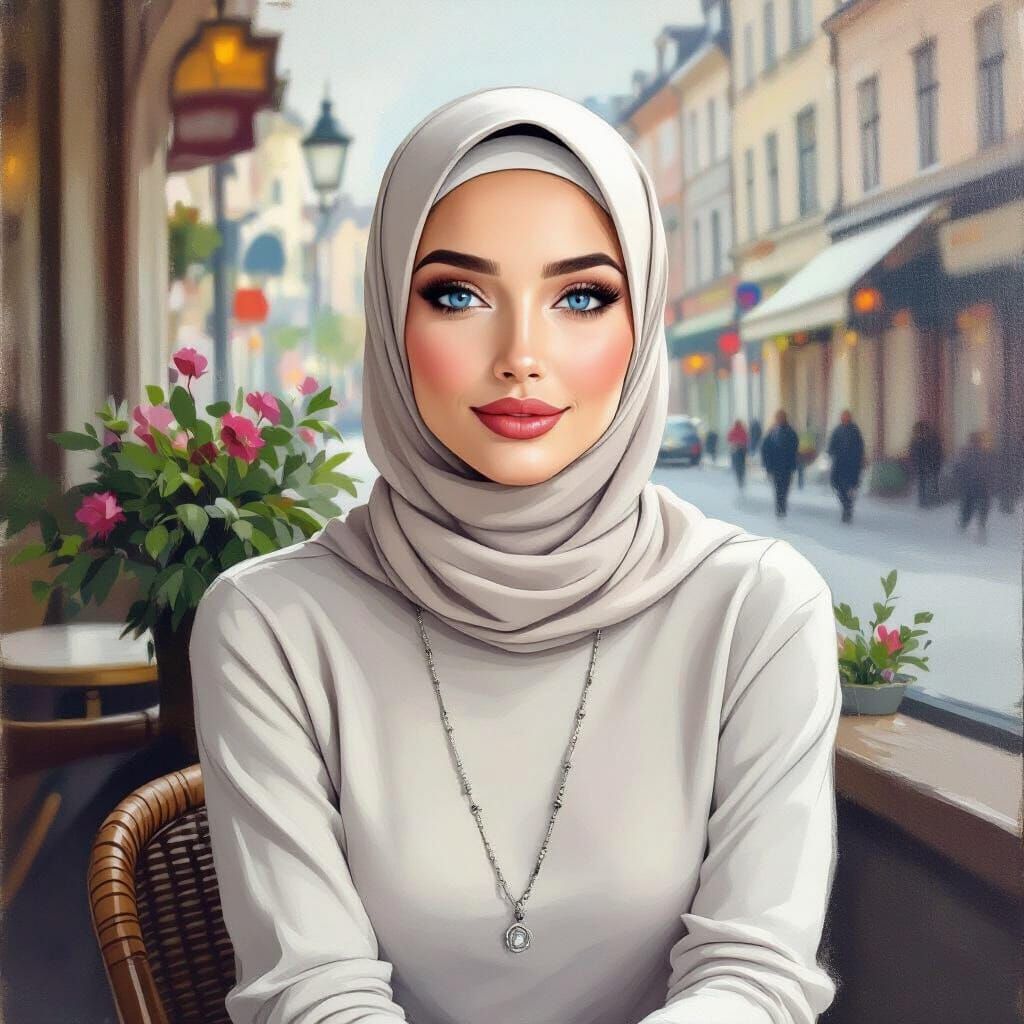 Elegant Hijabi Woman in Minimalist Oil Painting Style