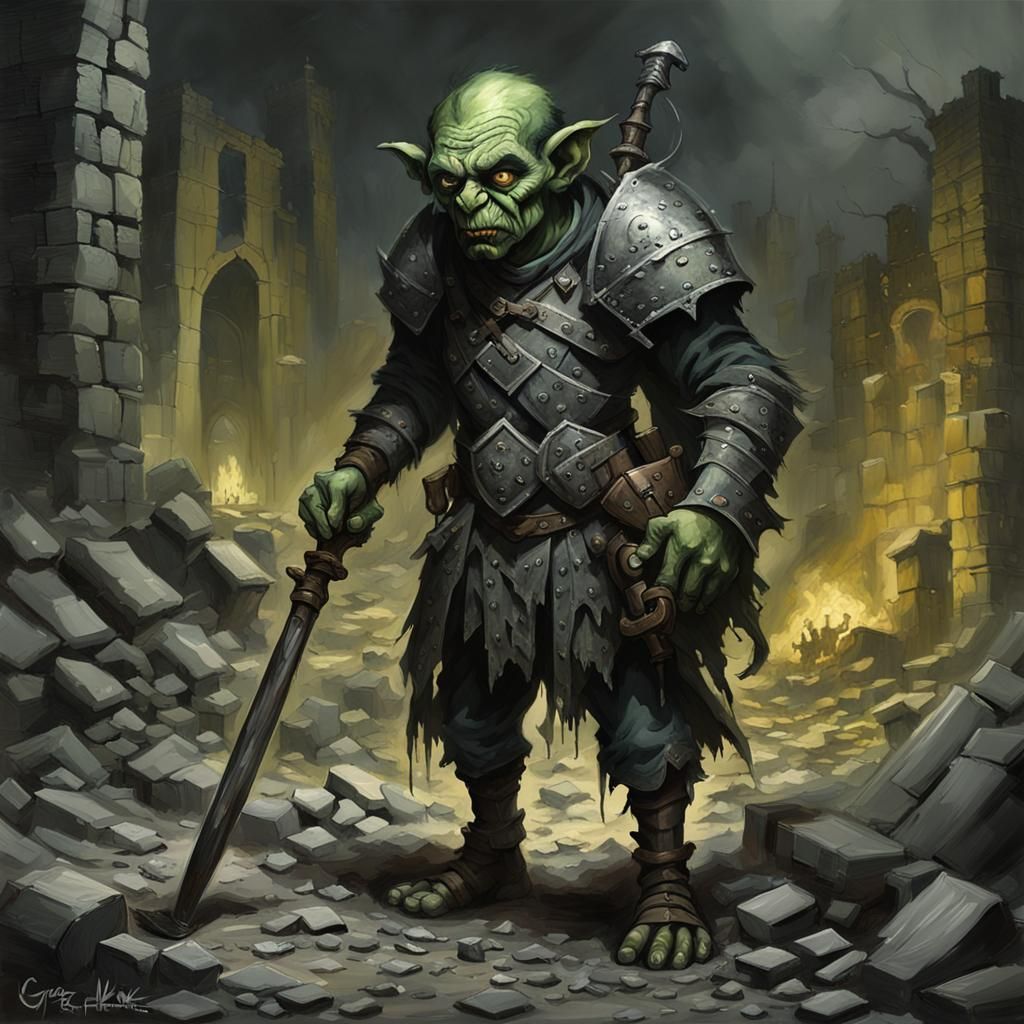 Tattered Goblin Warrior in Burned Village