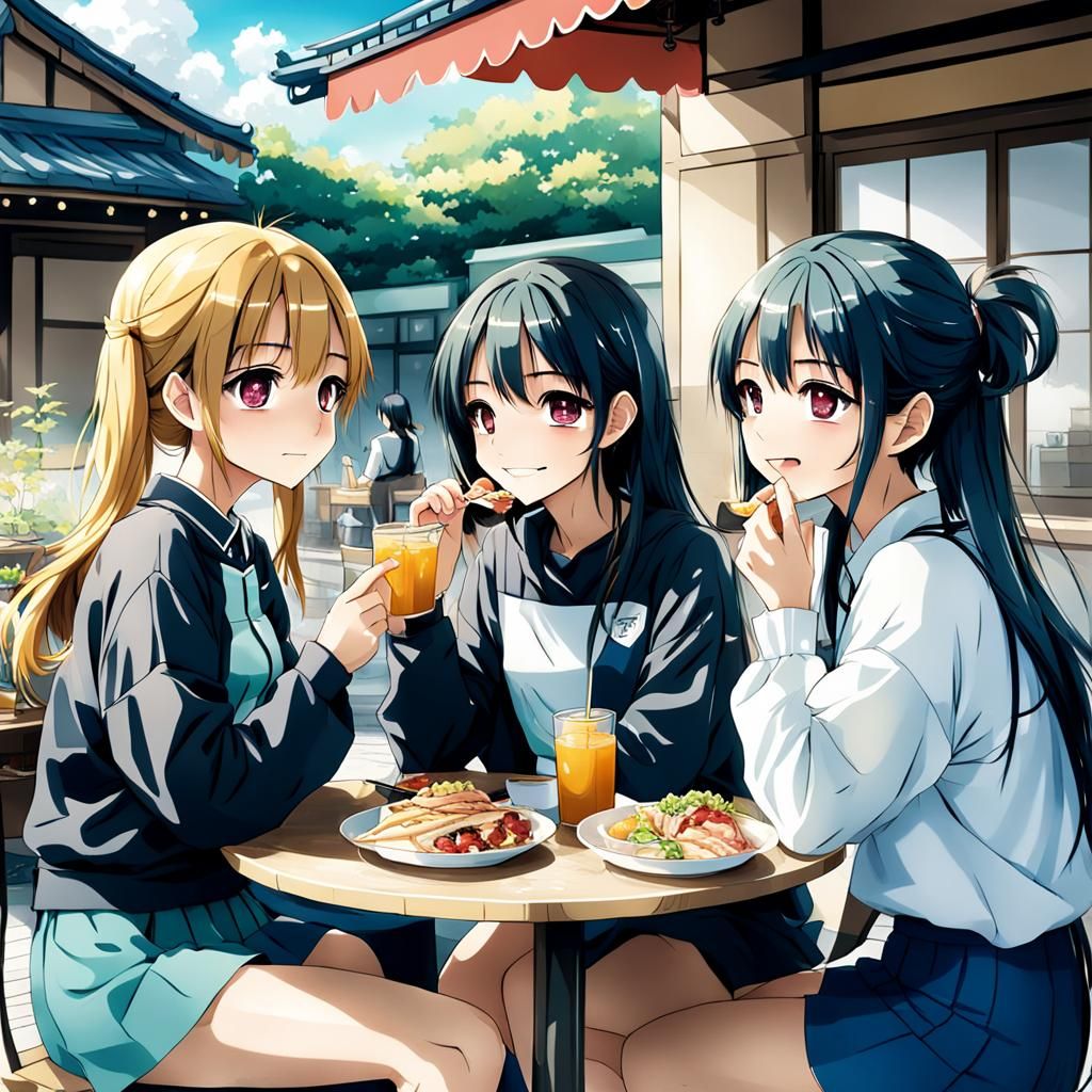Anime girls eating lunch together