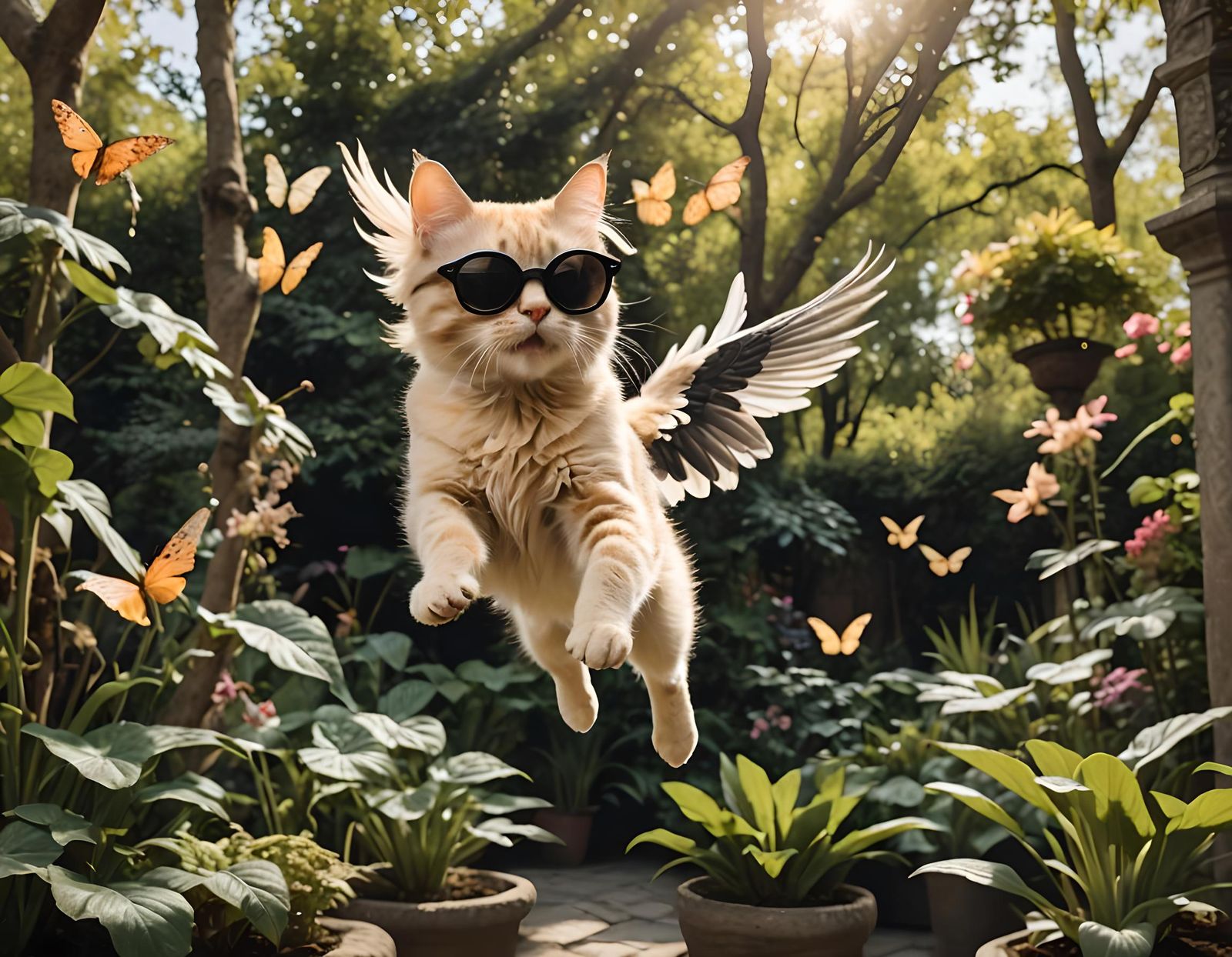 Winged Cat in Mystical Garden