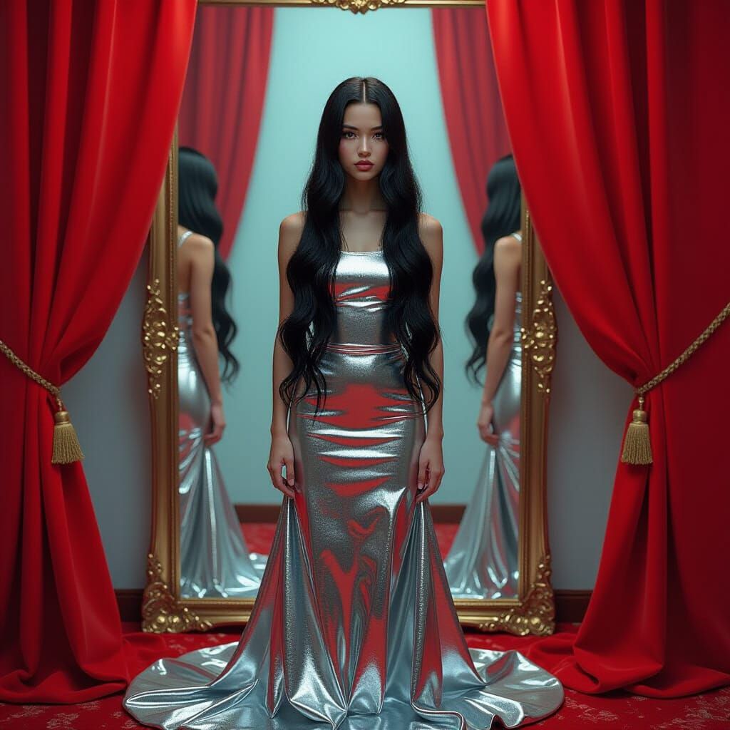 Surreal Girl in Silver Dress before Mirror