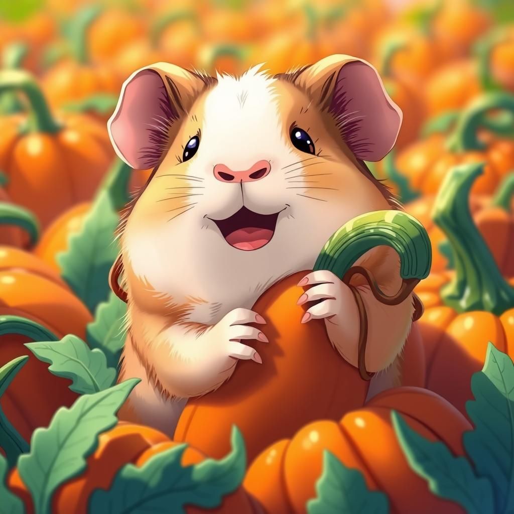Joyful Guinea Pig in Anime Pumpkin Patch