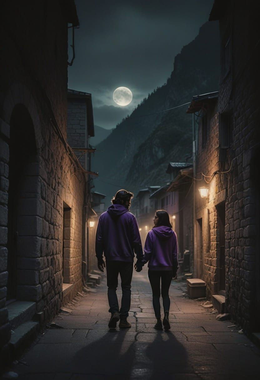 Cinematic Film Still: Couple in Creepy Mountain Alley