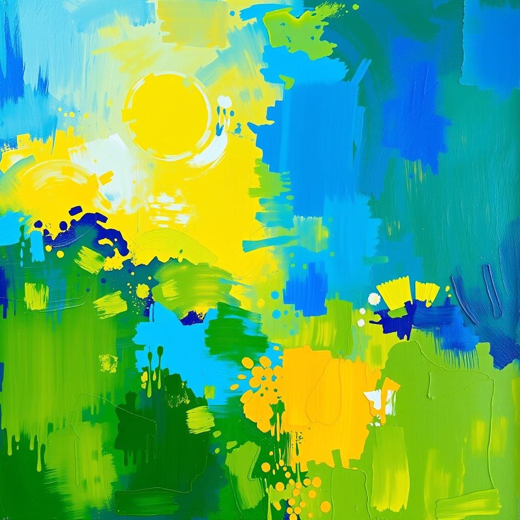 Dreamy Abstract Landscape with Sapphire, Amber, and Moss