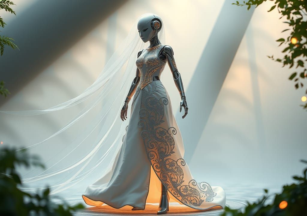Futuristic Robot Bride in Ethereal Wedding Gown