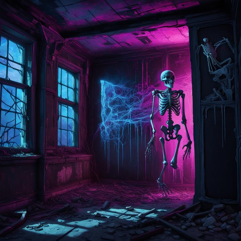 Cyberpunk City Black Light Painting in Dark Fantasy Style