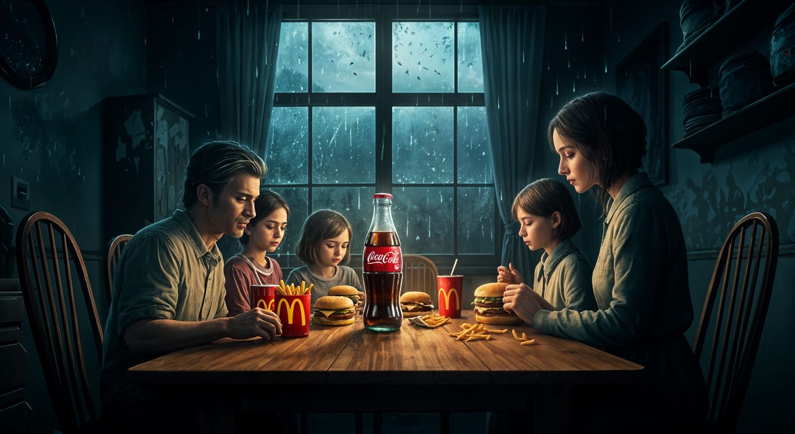 Sad Family Meal in Stylized Watercolor Art