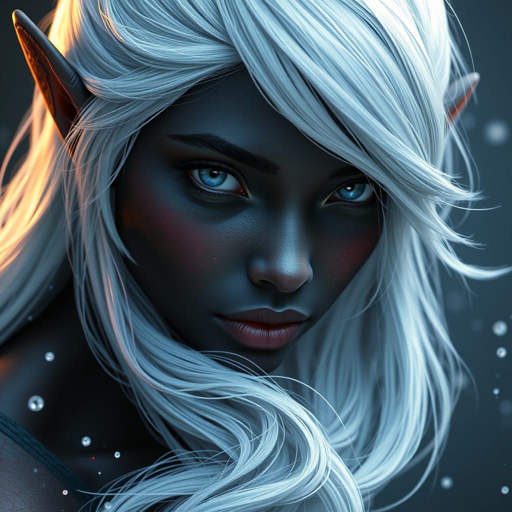 Mysterious Elf Maiden with Ebony Skin and Silver Tresses