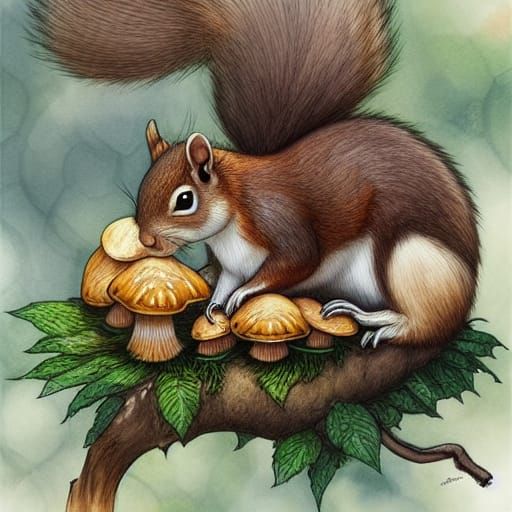 Squirrel Enjoys Mushroom in Art Nouveau Style