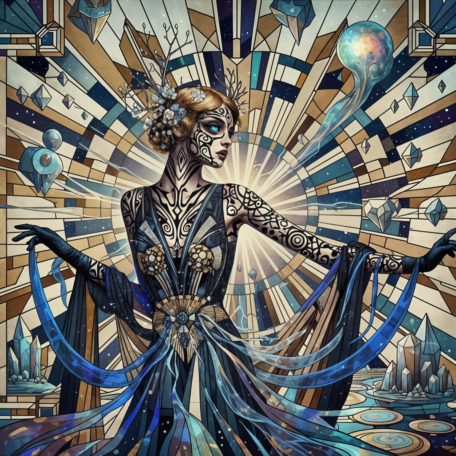 Art Deco Woman in Geometric Stained Glass Style