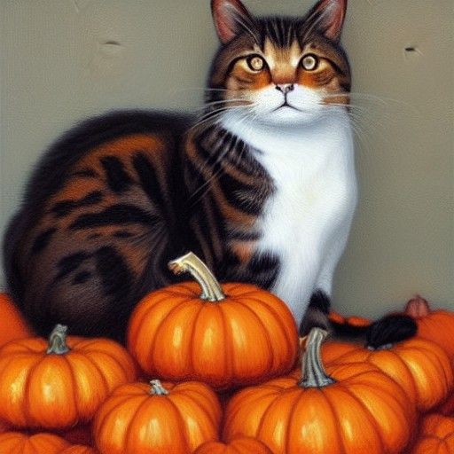 Autumn Cat Surrounded by Pumpkins, Oil Painting