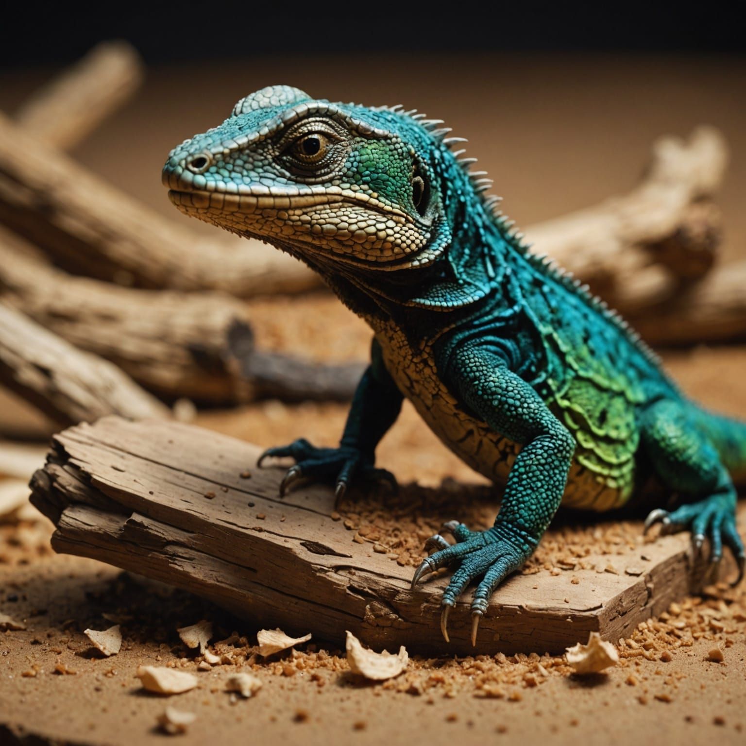 Detailed Miniature Wood Lizard Sculpture: Hyperrealistic Art