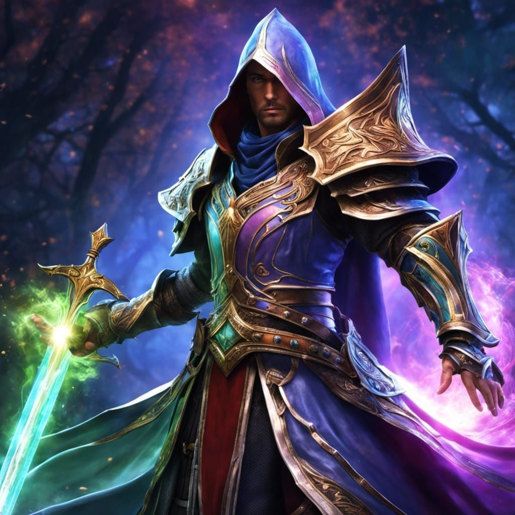 Enchanted Battle Mage in Armor with Spell Sword