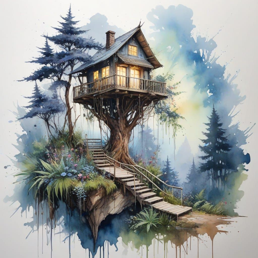 Ethereal Treehouse Retreat Amidst Ancient Pines in Watercolo...