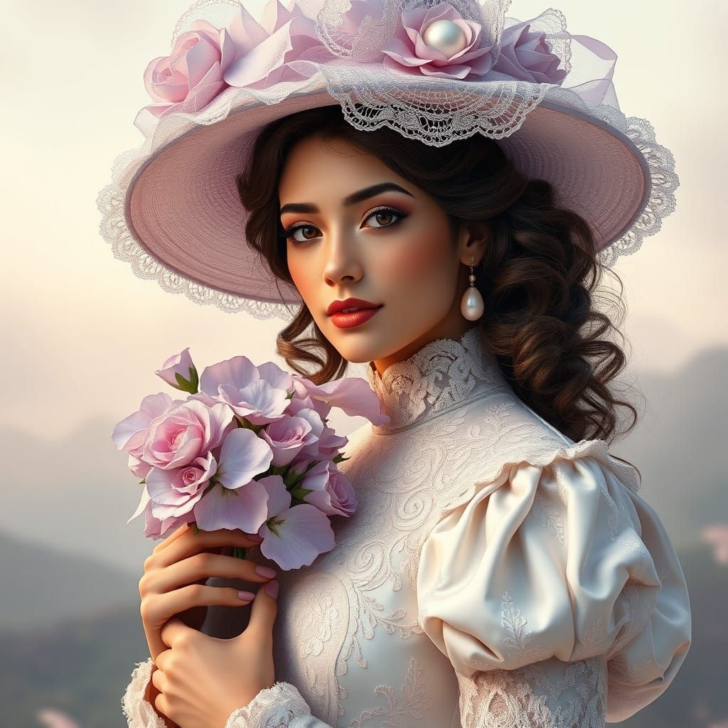 Vintage Goddess in Ivory Hued Luxury Gown with Lavender Hat...