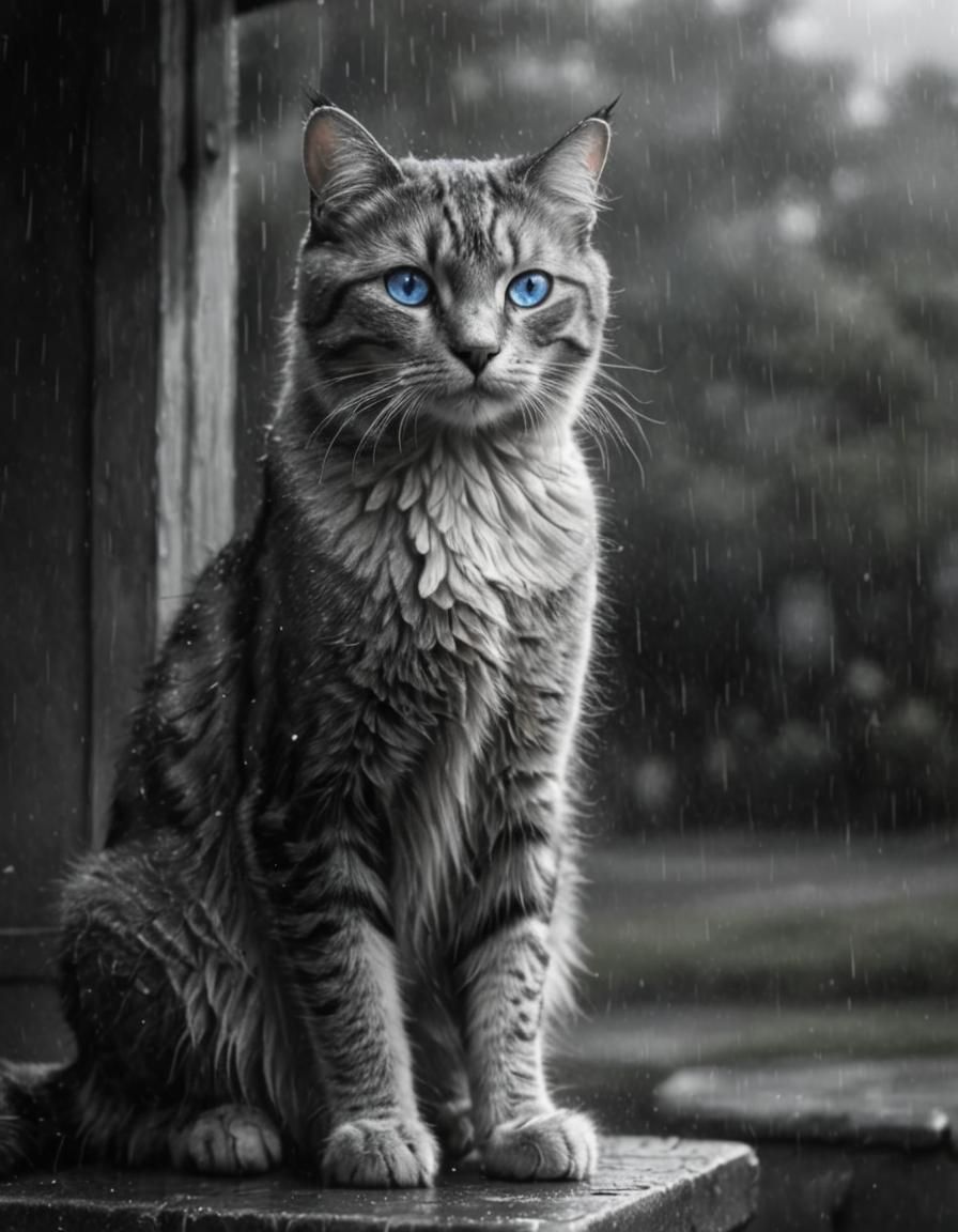 Majestic Cat in Rain: Detailed Pencil Sketch