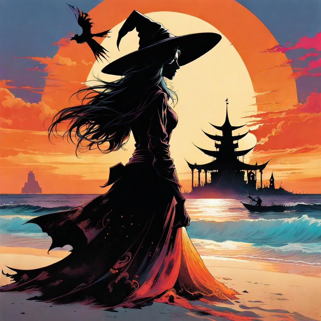 Whimsical Beach Witch Sandcastle at Sunset