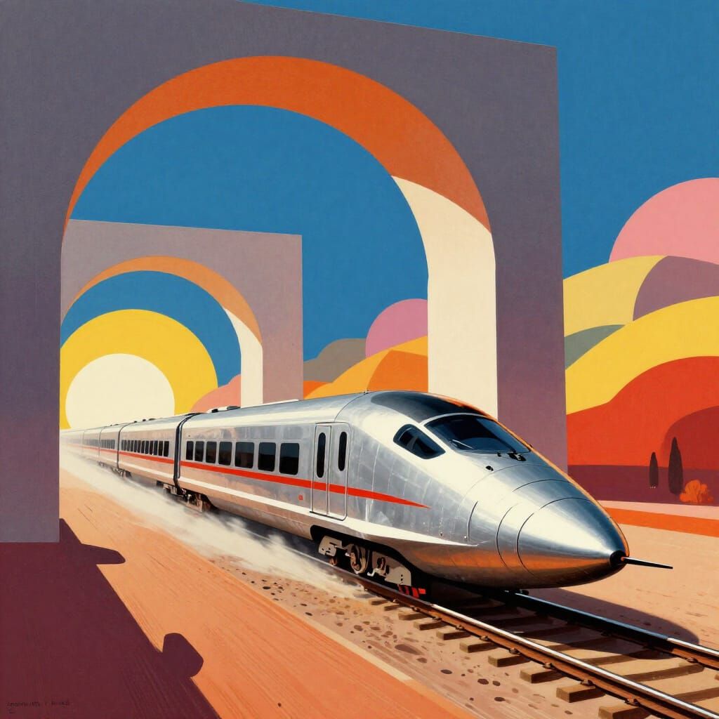 Retrofuturistic Train Speeds Under Dreamlike Arches