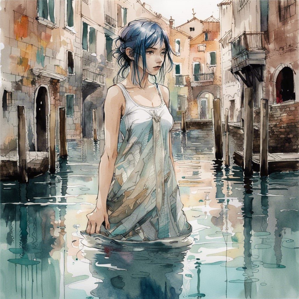 Ethereal Anime Girl in Venice: Watercolor Portrait